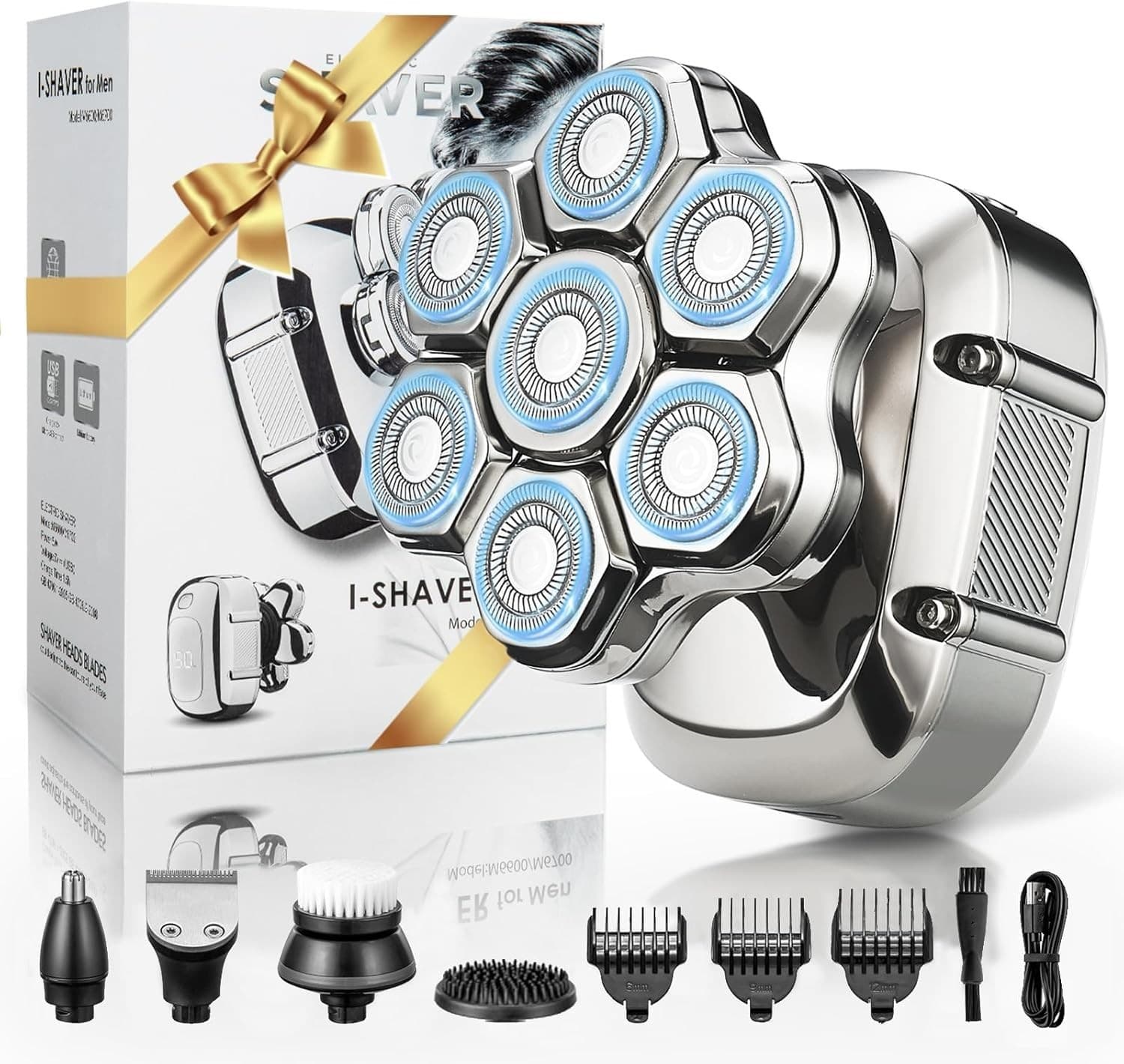 Skull Shaver Electric Palm Razor LED Cordless Rechargeable 9 Blades Wet Dry SET