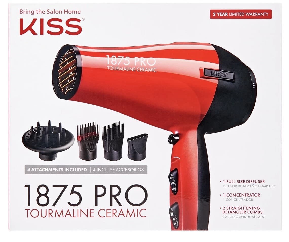 Kiss 1875 PRO Tourmaline Ceramic Hair Dryer Red Diffuser Concentrator Combs