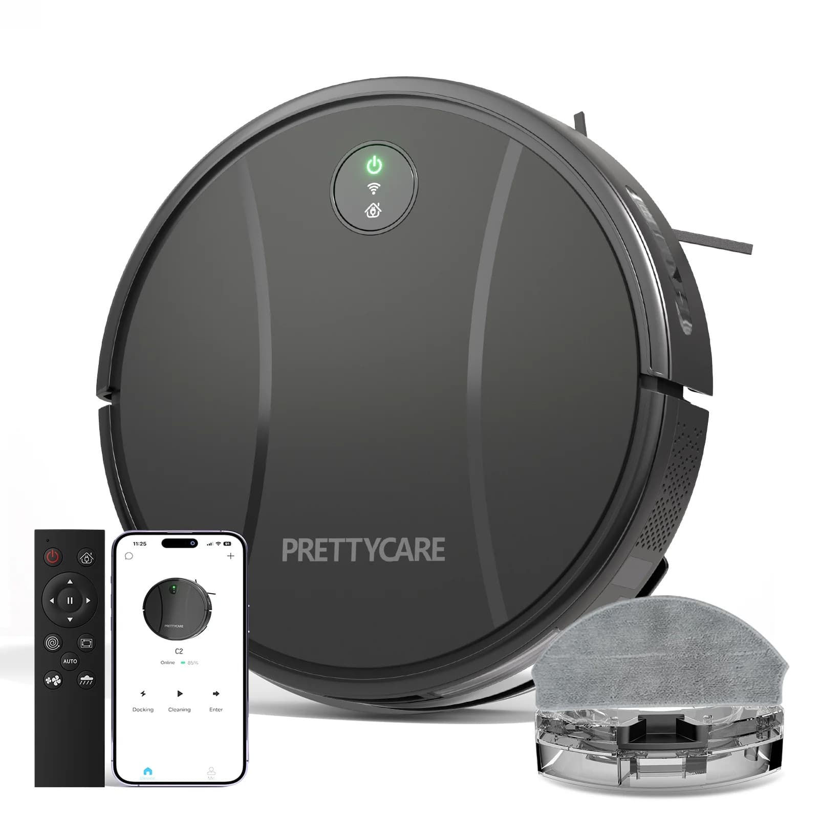 Prettycare C2 2 in 1 Robot Vacuum and Mop Combo Cleaner, Black