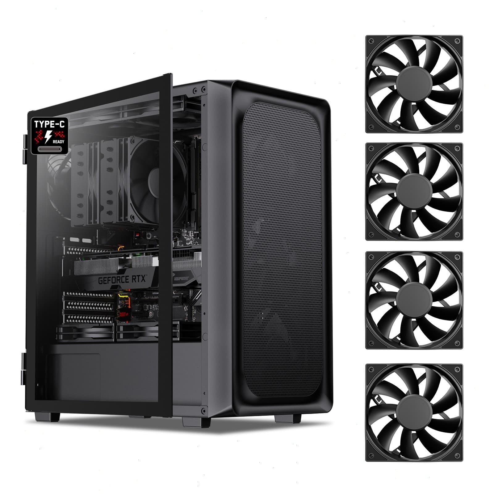 DARKROCK EC2 Black ATX Mid Tower PC Case w 4 x 120mm Black Fans, Type-C Ready