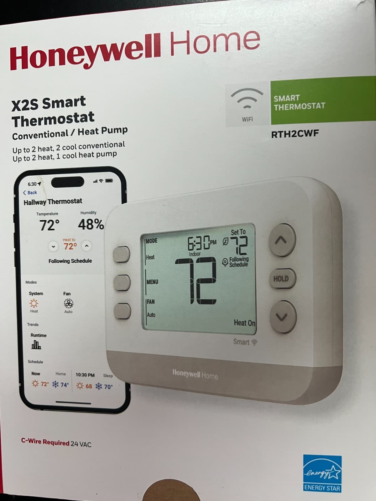 Honeywell X2S Smart Thermostat RTH2CWF Conventional Heat Pump WiFi 7382 OB