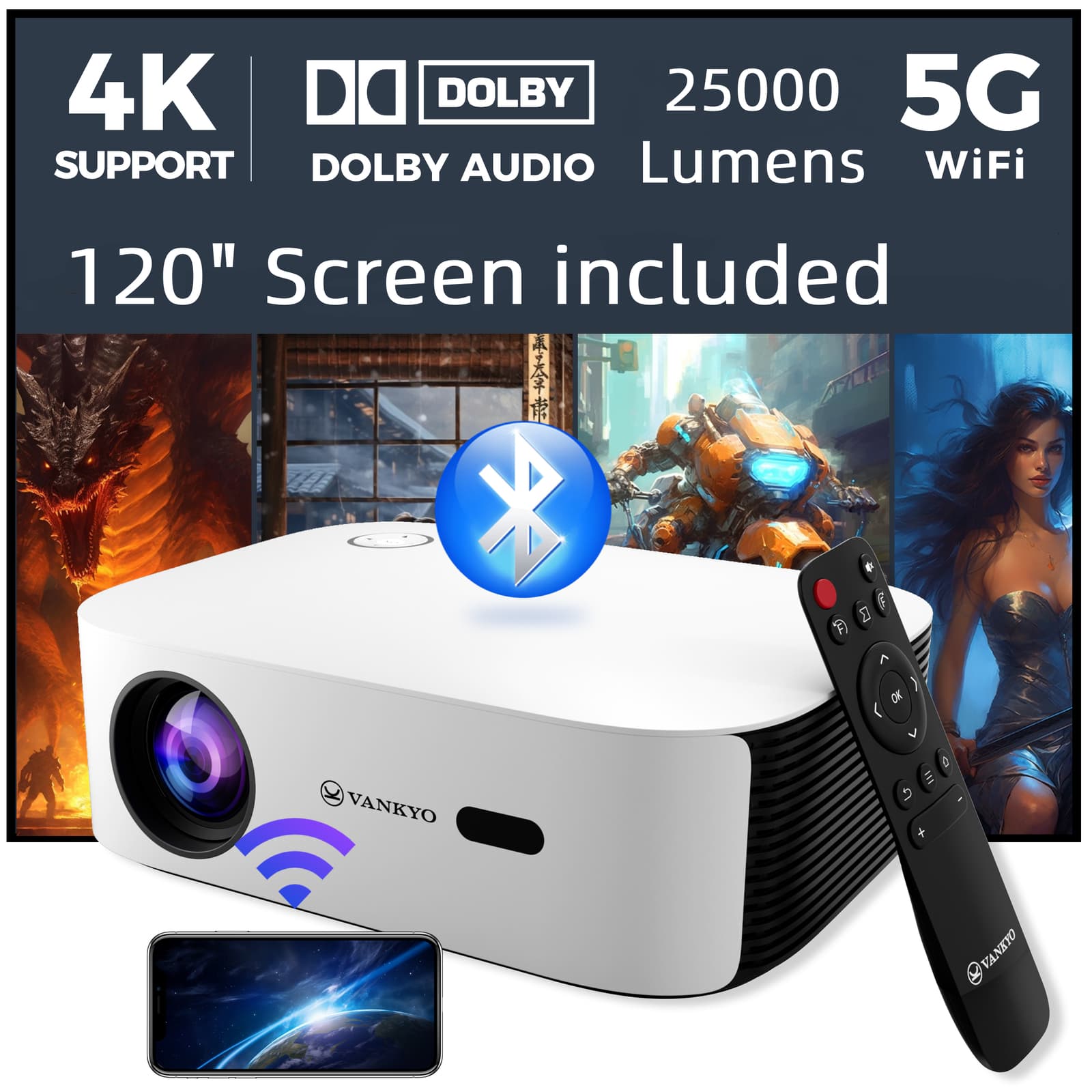 VANKYO 4K Projector DoIby 1080P 5G WiFi Bluetooth Video Movie Home Theater