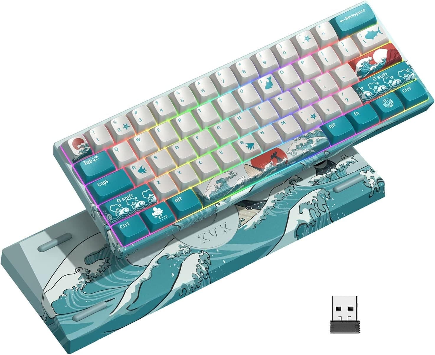XVX 60% M61 Mechanical Gaming Keyboard Wireless Wired BT, RGB - Coral Sea HITIME