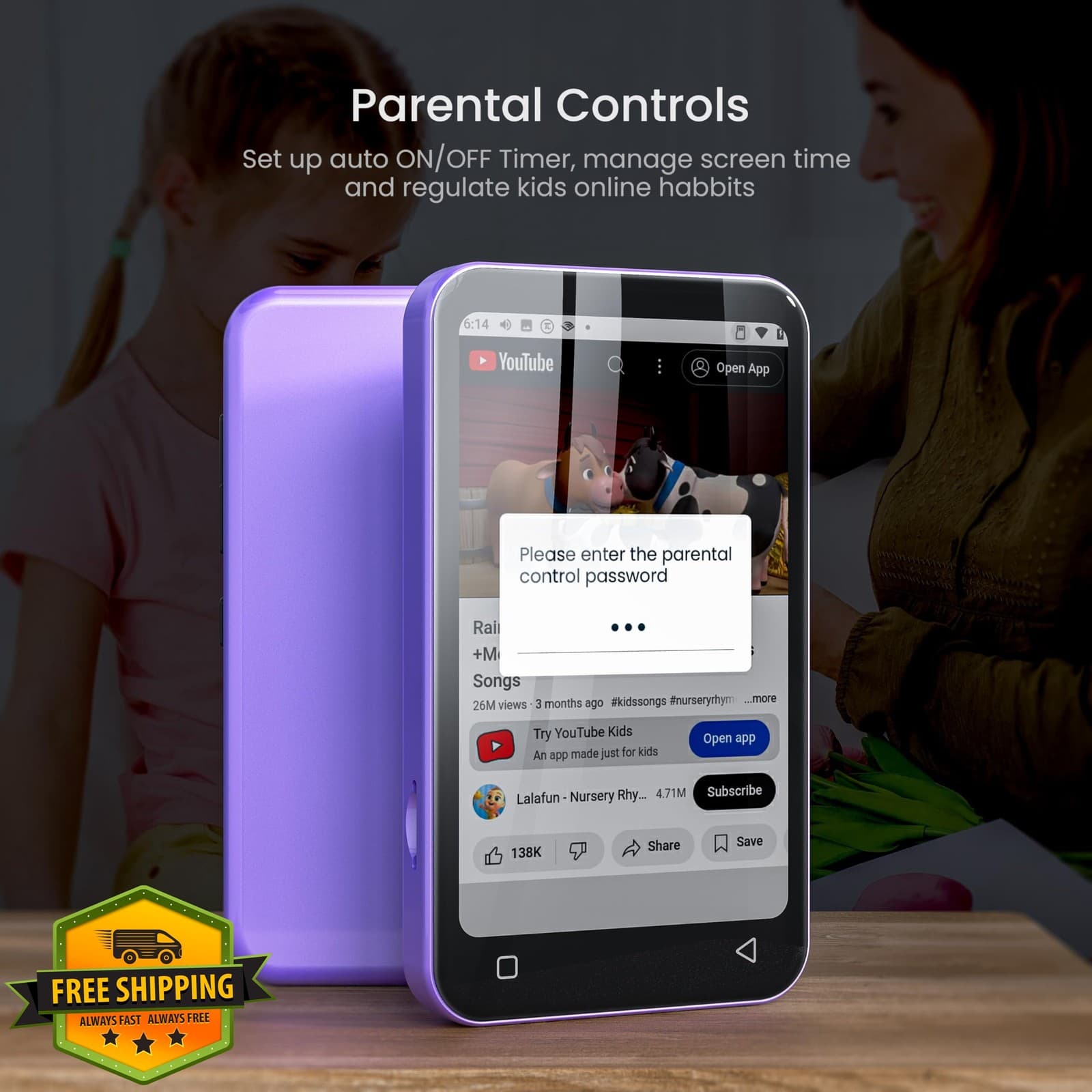 TIMMKOO Kids MP3 Player Purple WiFi Bluetooth Parental Controls 4"