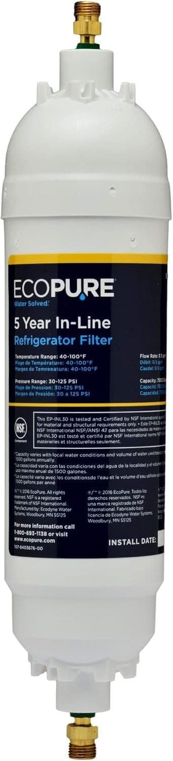 EcoPure EPINL30 5-Year In-Line Refrigerator Water 1 Count (Pack of 1), White