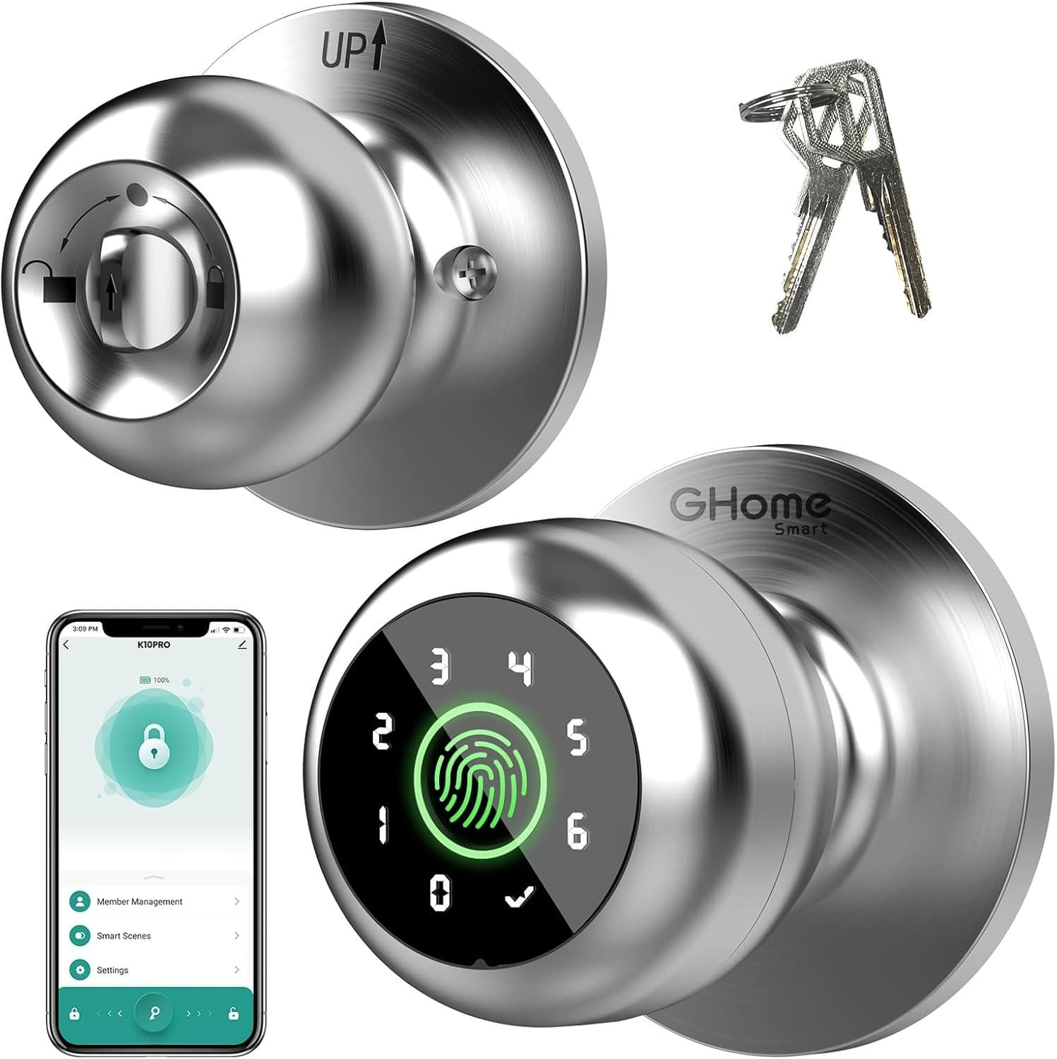 GHome Smart Fingerprint Door Lock, 4in1 Smart Fingerprint Door Knob Keypad