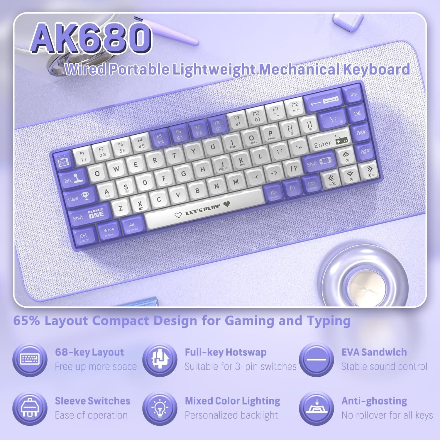 AJAZZ AK680 60% Wired Mechanical Gaming Keyboard,Hot-Swappable Rainbow Backlit